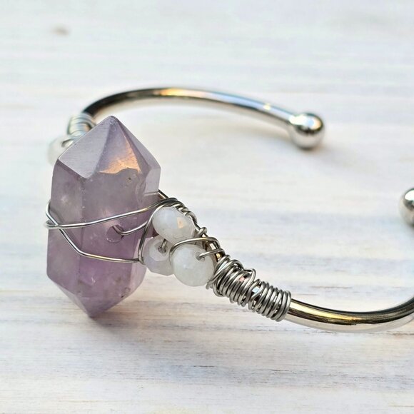 Amethyst & Moonstone Wire Wrap Cuff – 925 Over Copper – Intuition & Clarity - Picture 9 of 12